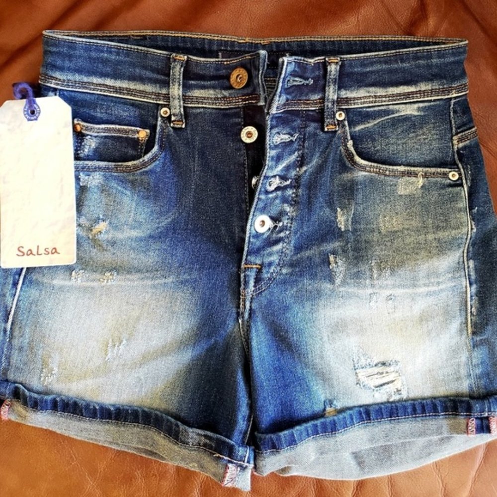 SALSA Denim Distressed Faded Button Fly Shorts NWT